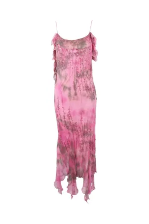 Vintage Pink Silk Beaded Ruffled Tie Dye Slip Dress, 1990s