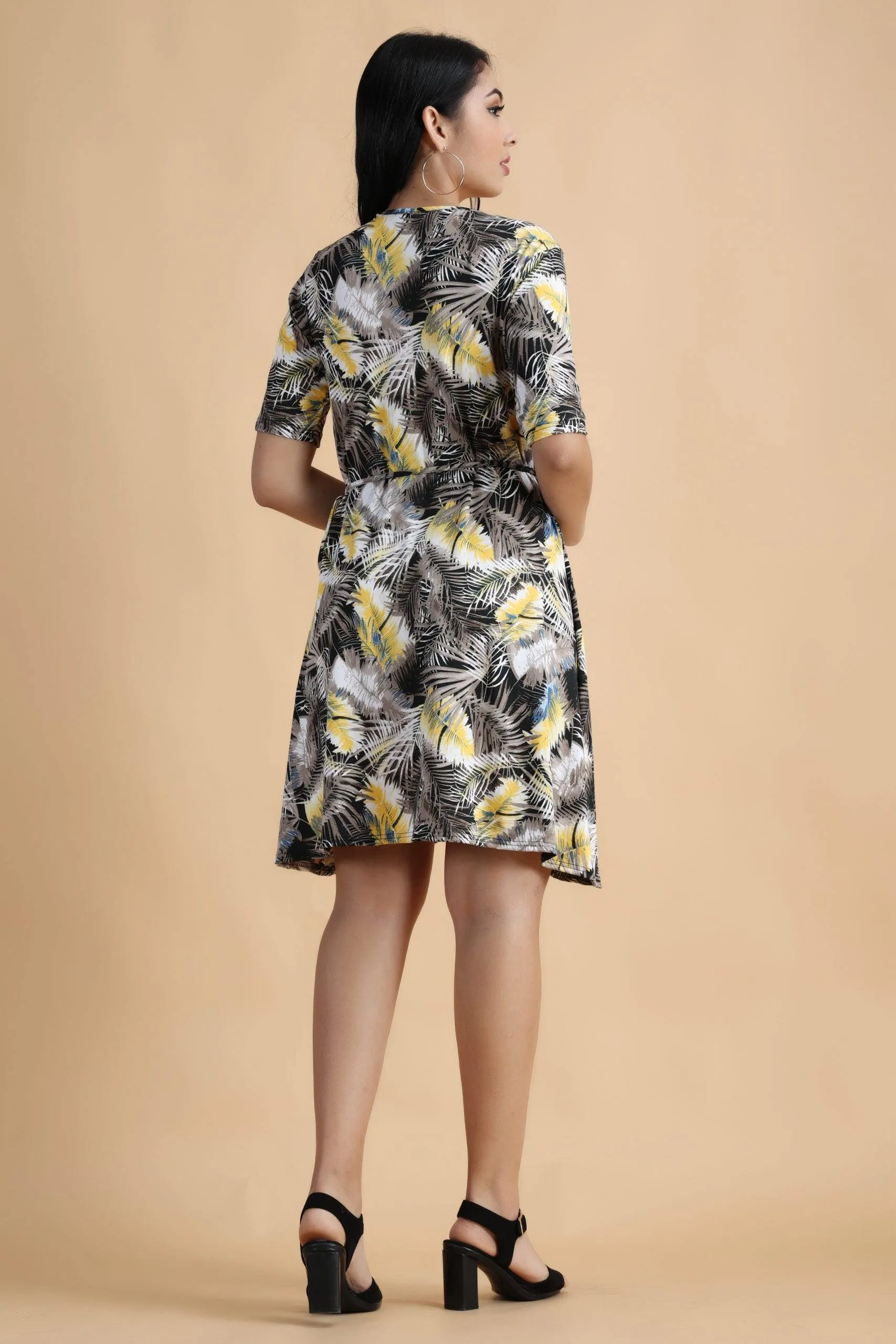 Yellow Leaves Printed Wrap Around Dress