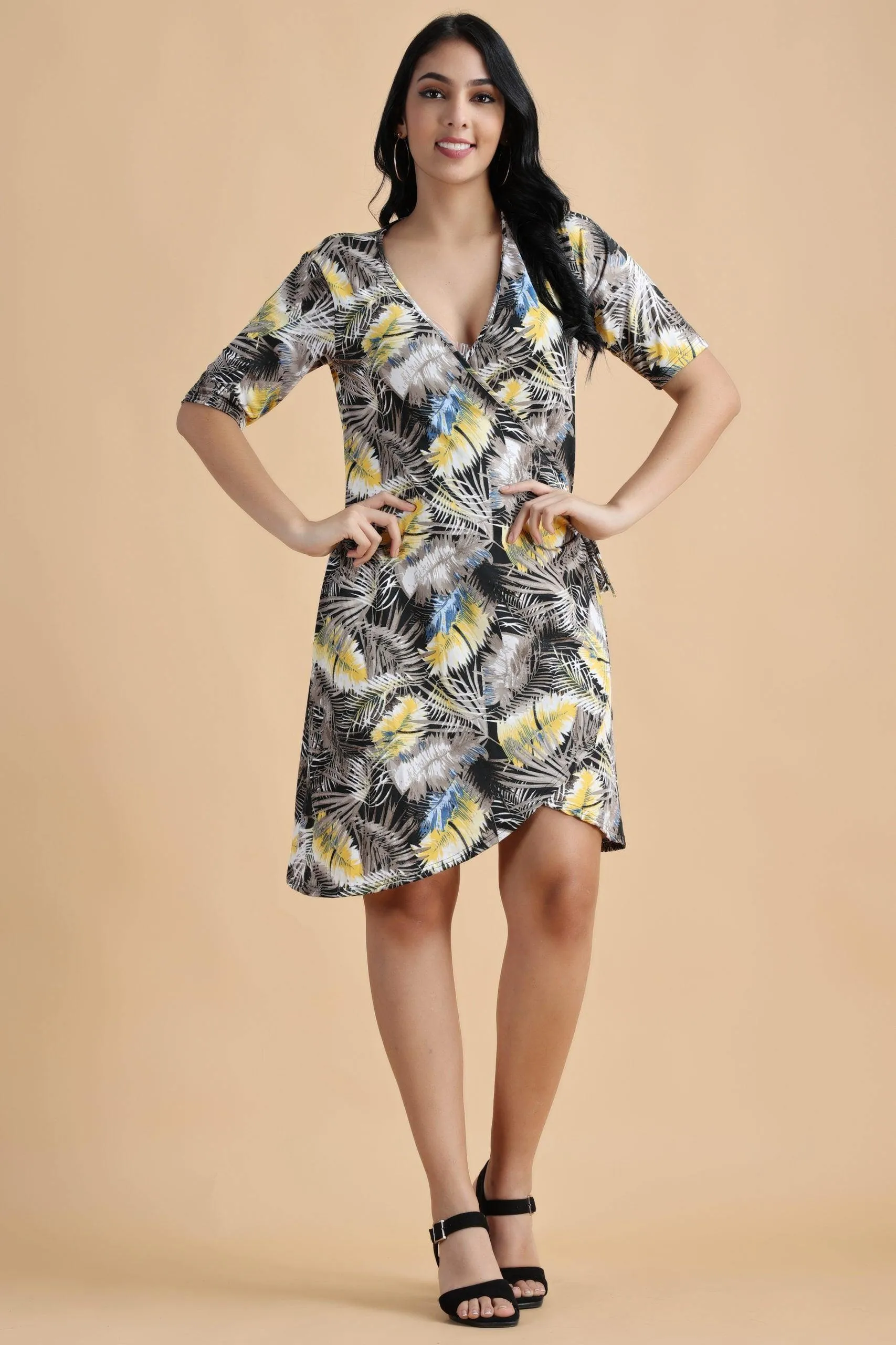 Yellow Leaves Printed Wrap Around Dress